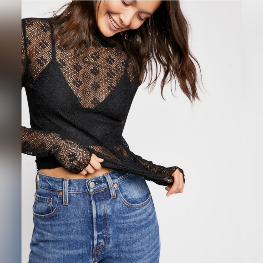 Free People Sweet Memories Black Sheer Lace